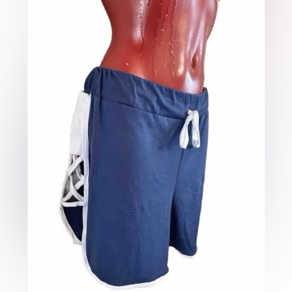 ROUGE COLLECTION PLUS SZ 3X -NAVY GYM SHORTS -WHITE PIPING LACE UP DETAIL- STARS